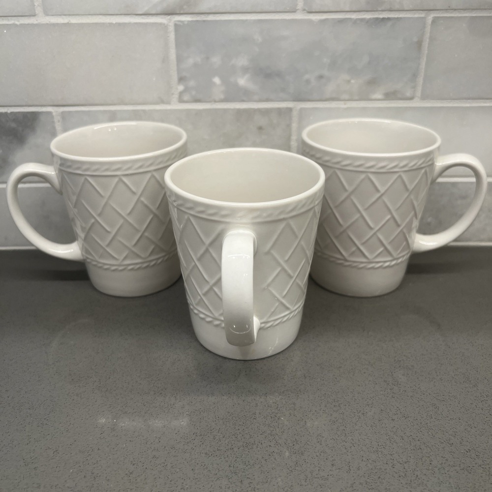 Set Of 3 Totally Today Coffee Tea Mug Cup White Weave Raised Design 8 Oz